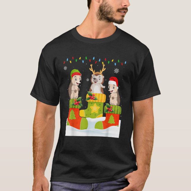 Santa Reindeer Elf Hedgehog in Christmas Socks Ugl T-Shirt (Front)