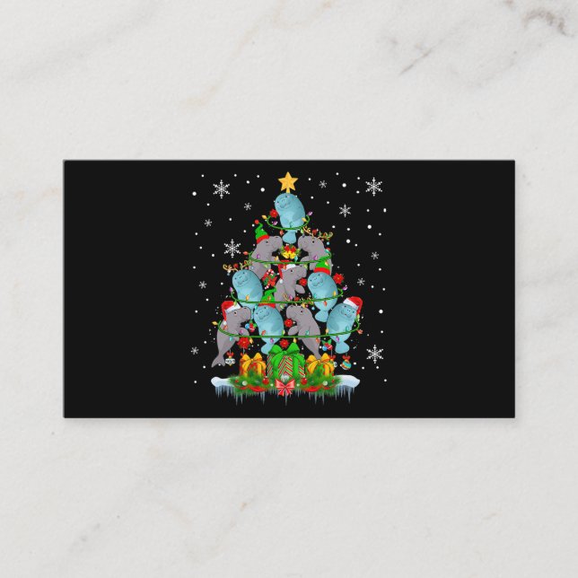 Santa Reindeer Elf Manatees Christmas Tree Lights  Business Card (Front)
