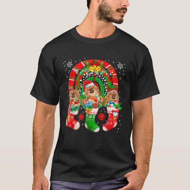 Santa Reindeer Elf Pekingese Dogs In Christmas Soc T-Shirt (Front)