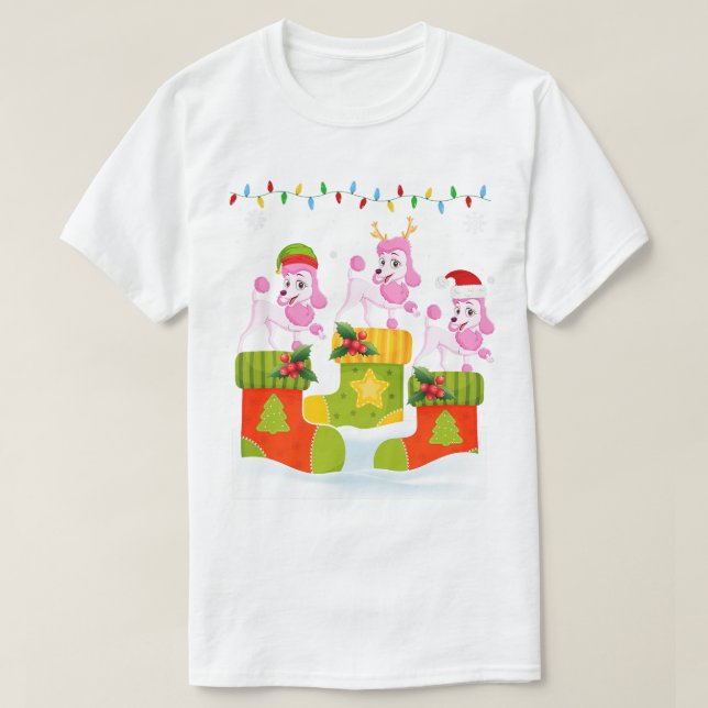 Santa Reindeer Elf Poodle Dog in Christmas Socks U T-Shirt (Design Front)