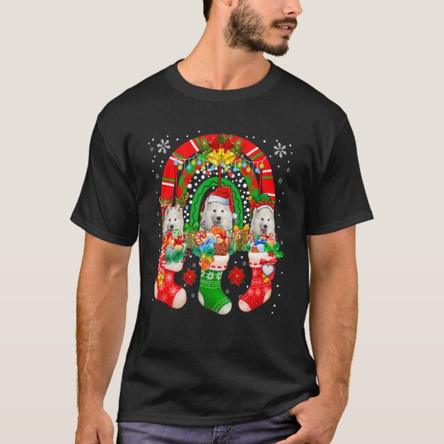 Santa Reindeer Elf Samoyed Dogs In Christmas Socks T-Shirt (Front)