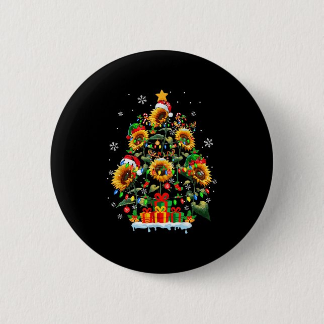 Santa Reindeer Elf Sunflowers As Xmas Tree Flowers 6 Cm Round Badge (Front)