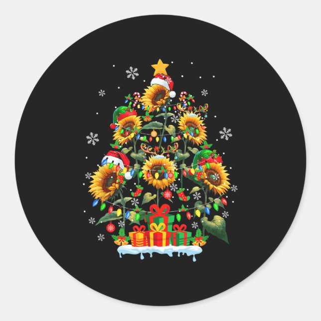 Santa Reindeer Elf Sunflowers As Xmas Tree Flowers Classic Round Sticker (Front)