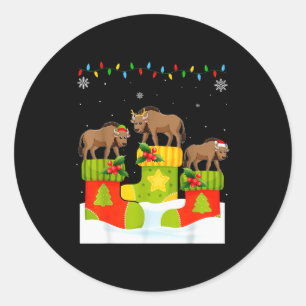 Santa Reindeer Elf Wildebeest In Christmas Socks U Classic Round Sticker
