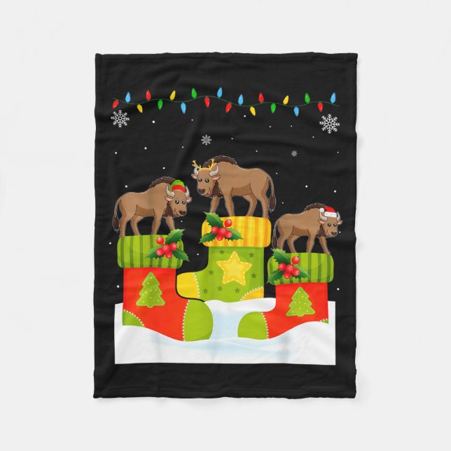 Santa Reindeer Elf Wildebeest In Christmas Socks U Fleece Blanket (Front)