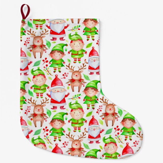 Santa reindeer elves christmas pattern large christmas stocking (Front)