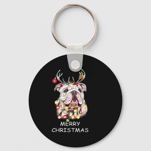 Santa Reindeer English Bulldog Dog Christmas Light Key Ring (Front)