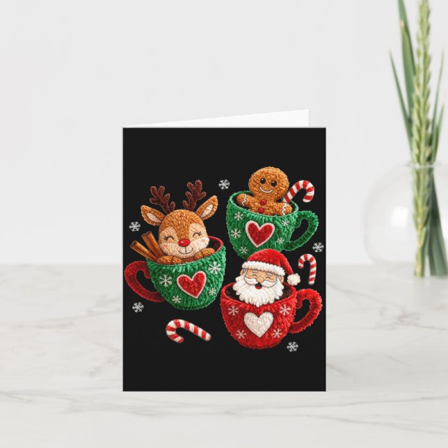 Santa Reindeer Gingerbread Faux Yarn Christmas  Card (Front)
