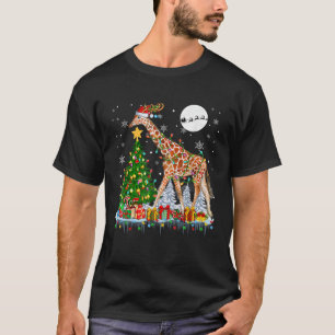 Santa Reindeer Giraffe Christmas Tree Light Family T-Shirt