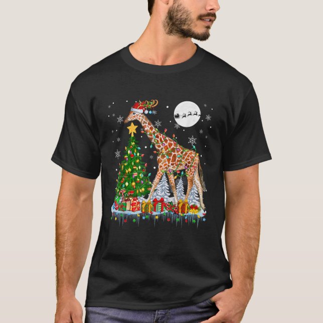 Santa Reindeer Giraffe Christmas Tree Light Family T-Shirt (Front)