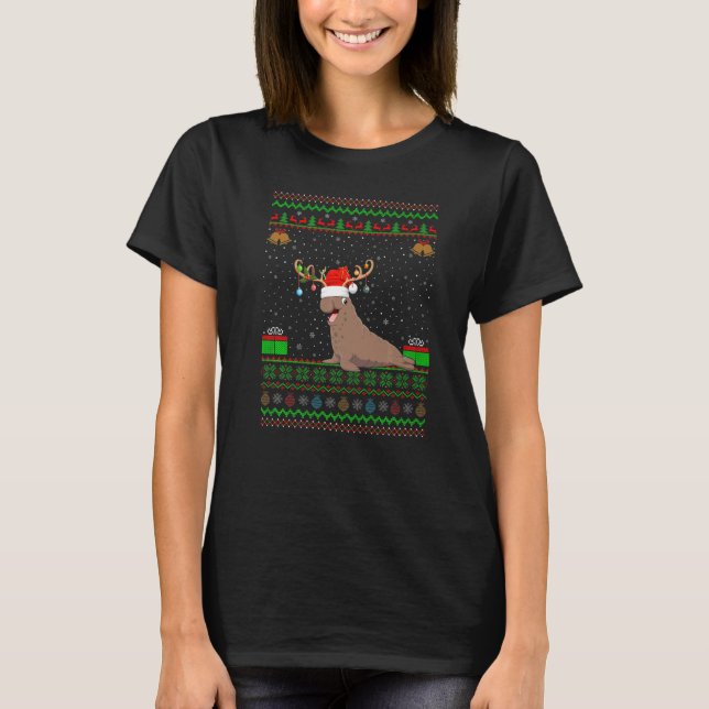 Santa Reindeer Hat Matching Ugly Elephant Seal Chr T-Shirt (Front)