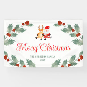 Santa Reindeer Holly Berries Christmas  Banner
