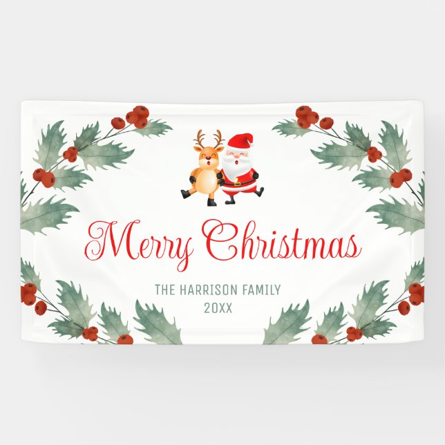 Santa Reindeer Holly Berries Christmas  Banner (Horizontal)