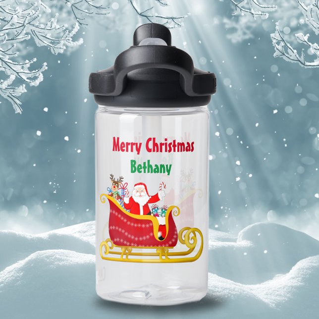 Santa, Reindeer In Christmas Sleigh Personalise  Water Bottle (Children will adore this water bottle featuring Santa and Rudolph delivering gifts and candy cane ! )