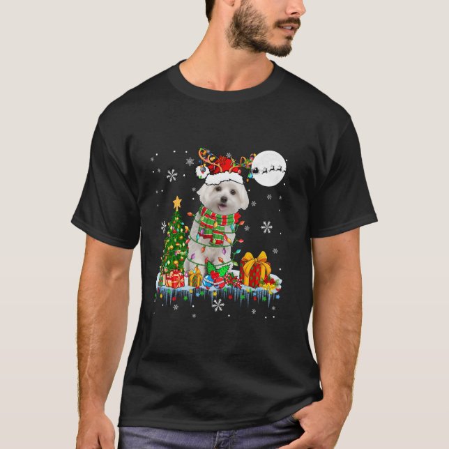 Santa Reindeer Maltese Christmas Tree Lights Dog L T-Shirt (Front)
