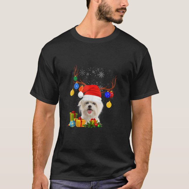 Santa Reindeer Maltese Dog Christmas Lights Xmas P T-Shirt (Front)