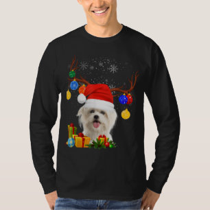 Santa Reindeer Maltese Dog Christmas Lights Xmas T-Shirt