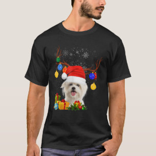 Santa Reindeer Maltese Dog Christmas Lights Xmas  T-Shirt