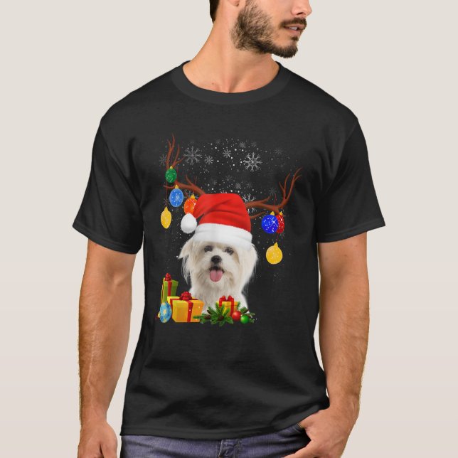Santa Reindeer Maltese Dog Christmas Lights Xmas  T-Shirt (Front)