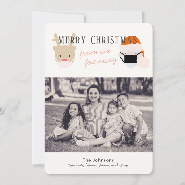 Santa & Reindeer Mask White Christmas Photo Card (Front)