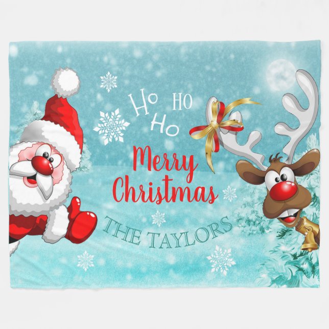Santa Reindeer Merry Christmas Fleece Blanket (Front (Horizontal))