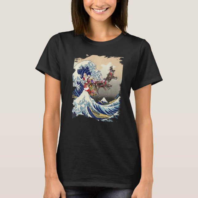 Santa Reindeer Over Great Wave Christmas T-Shirt (Front)