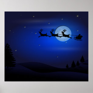 Santa Reindeer Over Moon in Blue Poster