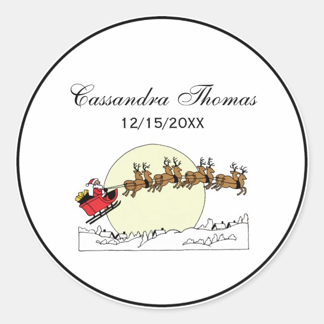 Santa Reindeer Over Snow Covered Town Lt Moon Classic Round Sticker (Front)