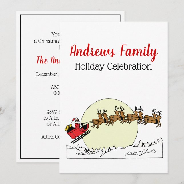 Santa Reindeer Over Snow Covered Town Lt Moon Invitation (Front/Back)