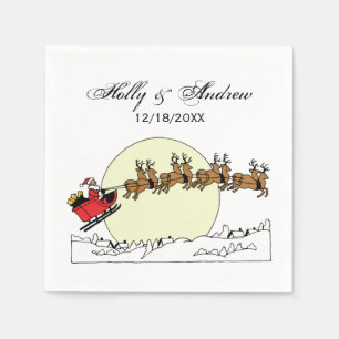 Santa Reindeer Over Snow Covered Town Lt Moon Napkin
