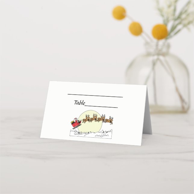 Santa Reindeer Over Snow Covered Town Lt Moon Place Card (Back)