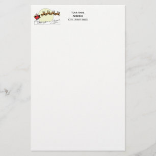 Santa Reindeer Over Snow Covered Town Lt Moon Stationery