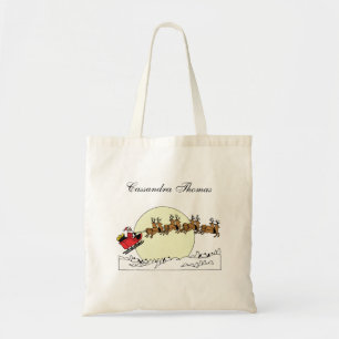 Santa Reindeer Over Snow Covered Town Lt Moon Tote Bag