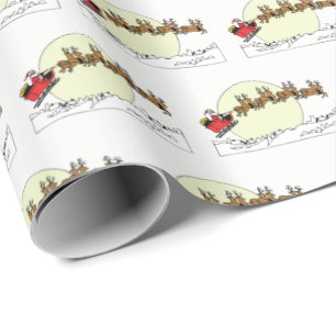 Santa Reindeer Over Snow Covered Town Lt Moon Wrapping Paper