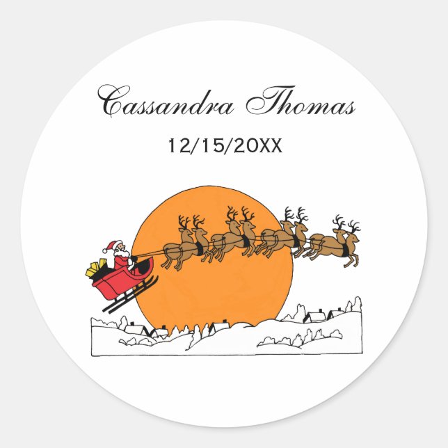 Santa Reindeer Over Snow Covered Town Moon Classic Round Sticker (Front)