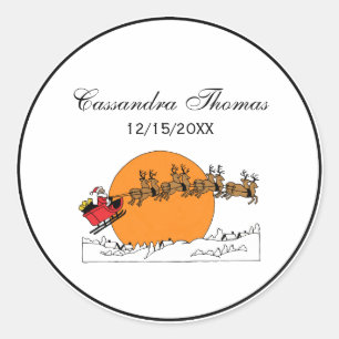 Santa Reindeer Over Snow Covered Town Moon Classic Round Sticker