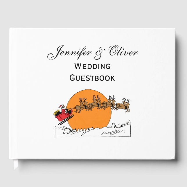 Santa Reindeer Over Snow Covered Town Moon Guest Book (Front)