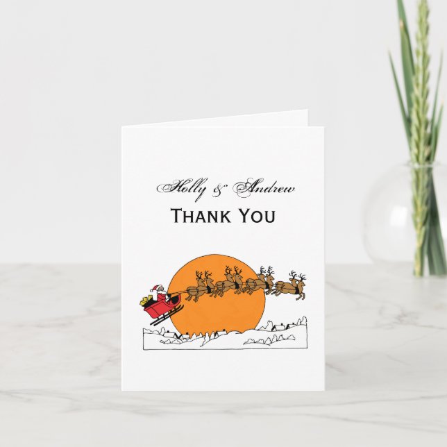 Santa Reindeer Over Snow Covered Town Moon Holiday Card (Front)
