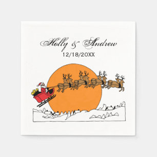 Santa Reindeer Over Snow Covered Town Moon Napkin