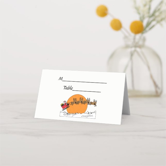 Santa Reindeer Over Snow Covered Town Moon Place Card (Back)