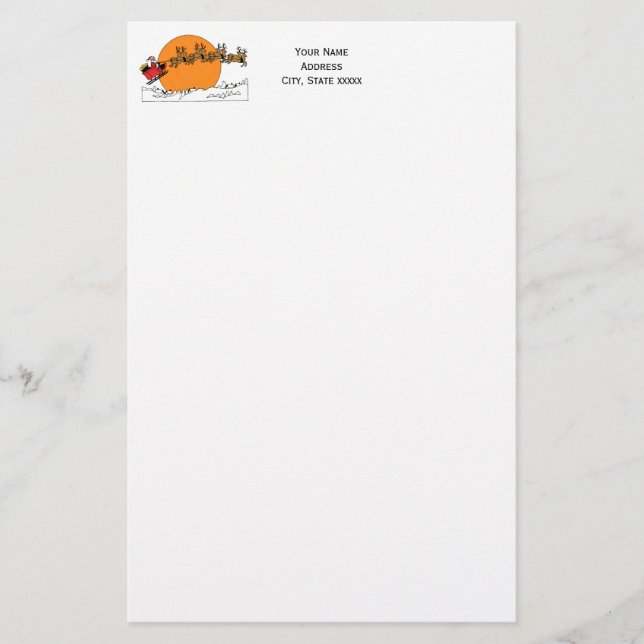 Santa Reindeer Over Snow Covered Town Moon Stationery (Front)
