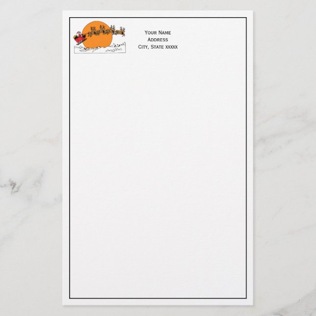 Santa Reindeer Over Snow Covered Town Moon Stationery (Front)