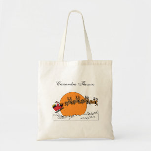 Santa Reindeer Over Snow Covered Town Moon Tote Bag