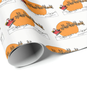 Santa Reindeer Over Snow Covered Town Moon Wrapping Paper