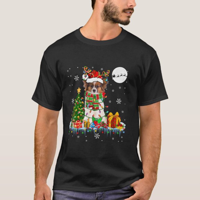 Santa Reindeer Papillon Christmas Tree Light Dog L T-Shirt (Front)
