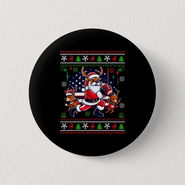 Santa Reindeer Play American Football Ugly Christm 6 Cm Round Badge (Front)