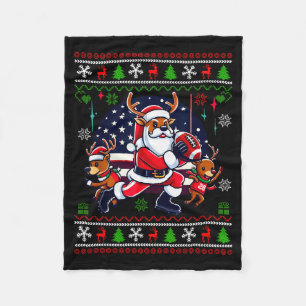 Santa Reindeer Play American Football Ugly Christm Fleece Blanket