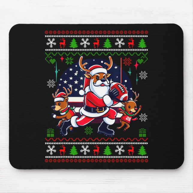 Santa Reindeer Play American Football Ugly Christm Mouse Mat (Front)