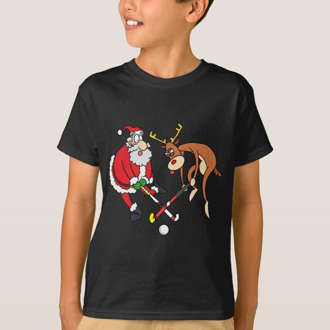 Santa Reindeer Playing Field Hockey Player Xmas Fu T-Shirt (Front)