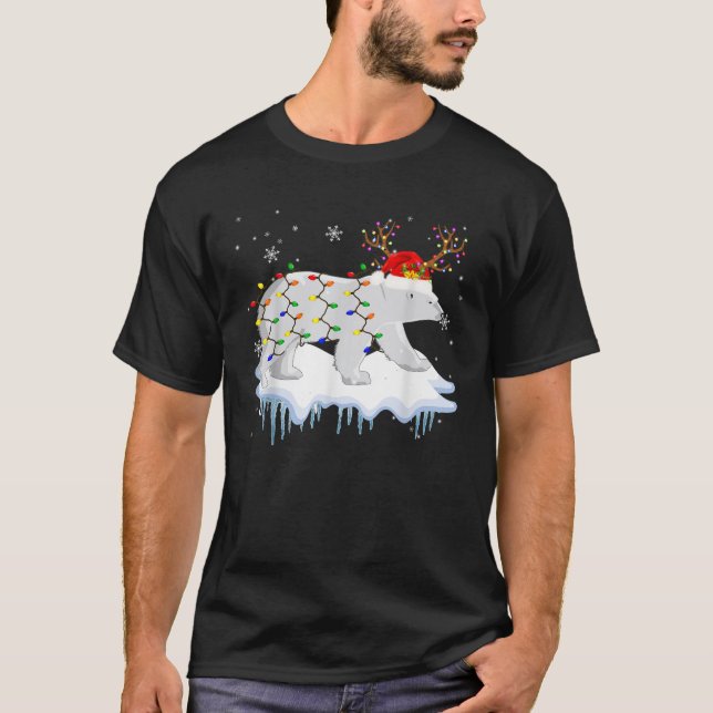 Santa Reindeer Polar Bear Christmas Light Santa Po T-Shirt (Front)